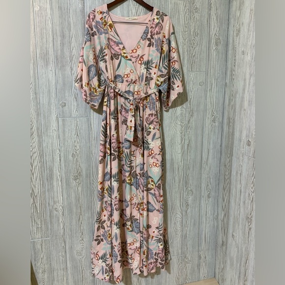 A Beautiful Soul Floral Maxi Dress Kimono Sleeve Belted Elastic Waist 22/24 - Picture 1 of 15